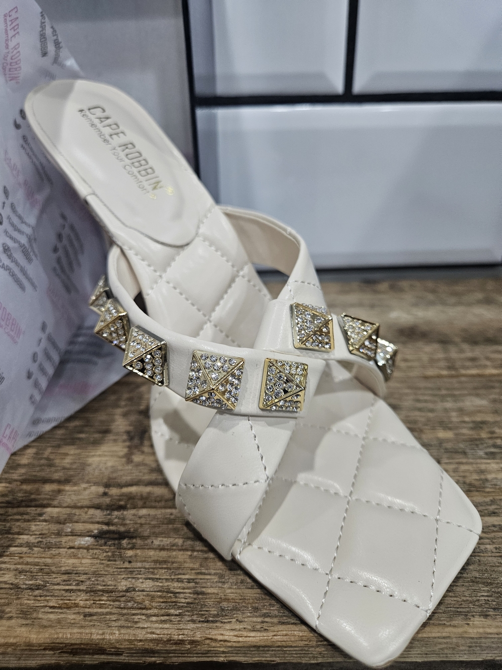 Cape Robbin Women's White Quilted Slide Sandal with Gold Crystal Studs